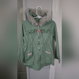 Little Lass Green Raincoat with Faux Fur Hood
